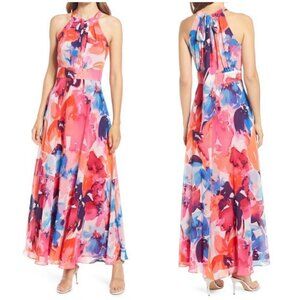 💕ELIZA J💕 Halter Neck Maxi Dress ~ Bold Watercolor Abstract Floral Print 8 NWT